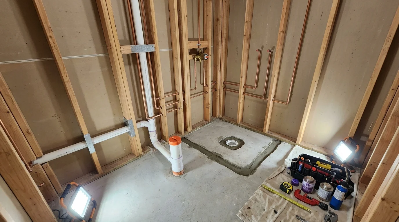 Bathroom rough-in plumbing during remodel by Johns Plumbing LLC in Pollock Pines