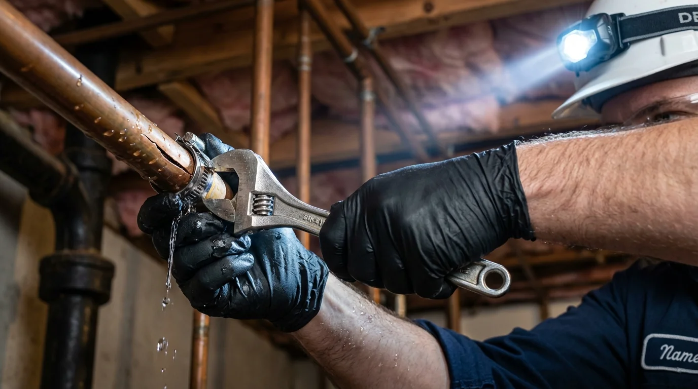 Emergency pipe clamp repair being performed by a Johns Plumbing LLC plumber in Pollock Pines