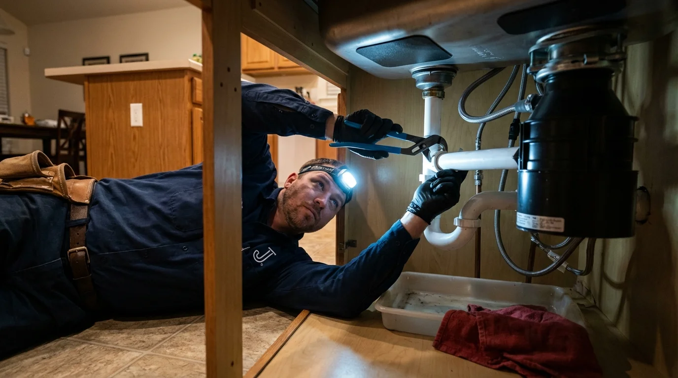 P-trap and supply line connections under a kitchen sink showing a common leak point in Pollock Pines, CA